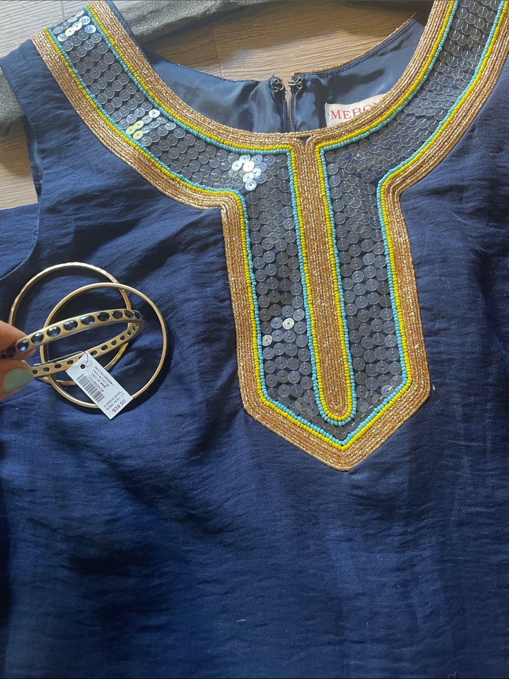 Merona Navy Sleeveless Mini Dress with Gold and Turquoise Beaded Yoke